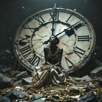 The primary subject of the image is a woman sitting in front of a large clock. The setting is a dark room, and the visual style appears to be a combination of a photo and digital art. The woman is wearing a gold dress, and the clock has a broken appearance. The overall atmosphere of the image is mysterious and intriguing.